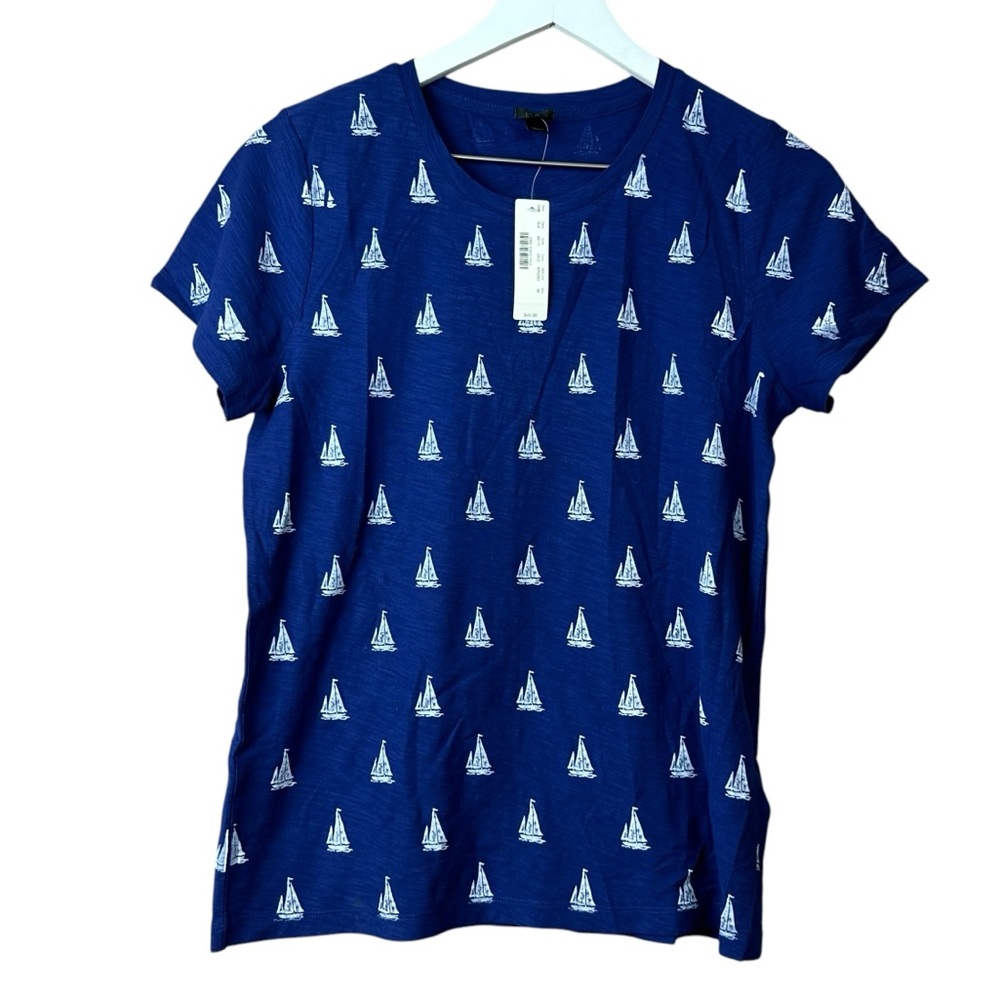 J Crew Navy Sailboat Nautical Short Sleeve Tee Women Sz M Nwt